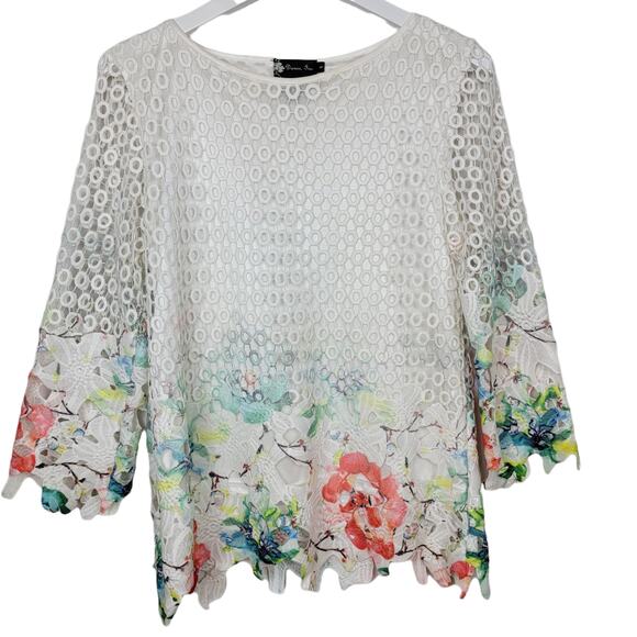 DAMEE INC. White, Pink, Green Crochet Floral Boatneck Layered Tunic - Size S - Picture 3 of 6